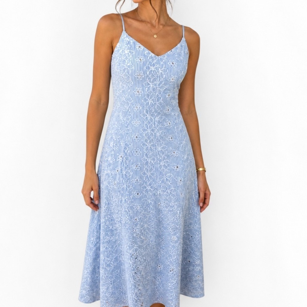 Gap Blue Floral Eyelet V-Neck Cotton Lined Midi Dress SZ XS Cottage Feminine